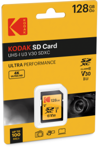 כרטיס זיכרון KODAK 128GB SDXC UHS-I לצילום 4K
